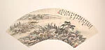 清/現代　趙雲壑　漁邨山色圖　摺扇|Landscape