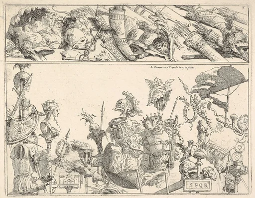 Roman arms, standards, and trophies, a composition divided into two horizontal bands