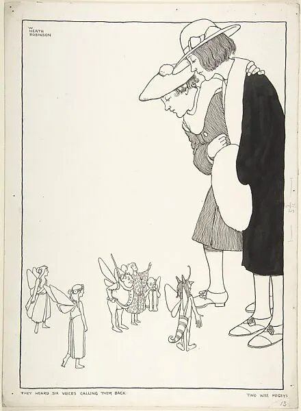 "They Heard Six Voices Calling Them Back" (for "Two Wee Pogeys" in "Topsy-Turvy Tales") — William Heath Robinson|John Lane, The Bodley Head|Elsie Smeaton Munro