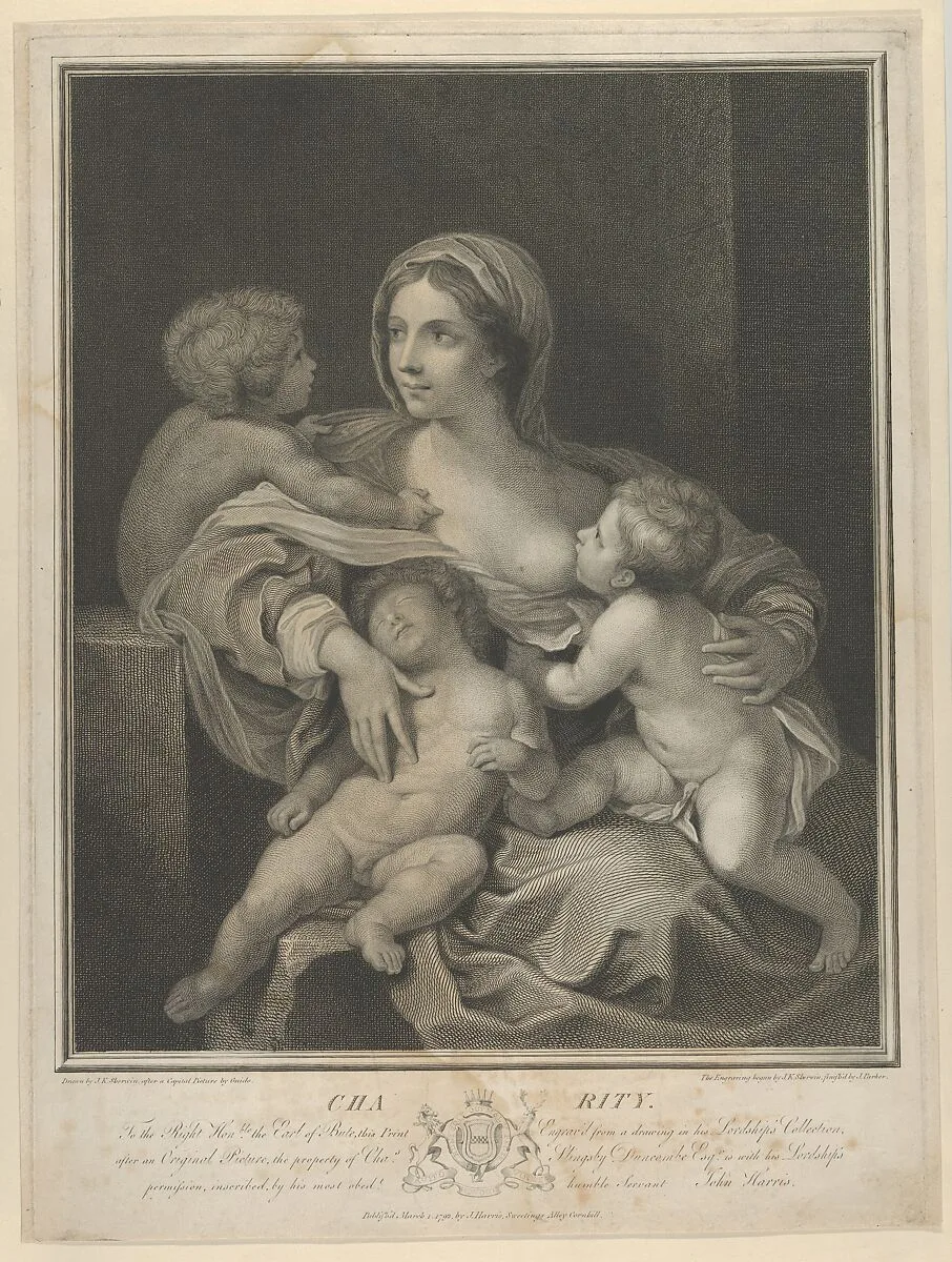 Charity seated nursing an infant, another sleeping on her lap and a third talking to her, after Reni — John Keyse Sherwin|John Stuart, 3rd Earl of Bute|John Harris|John Keyse Sherwin|Guido Reni|James Parker