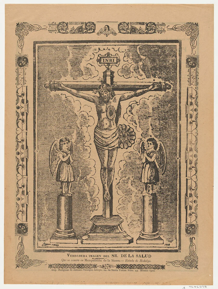 Broadsheet with Christ in the cross flanked by two angels — Antonio Vanegas Arroyo|Anonymous