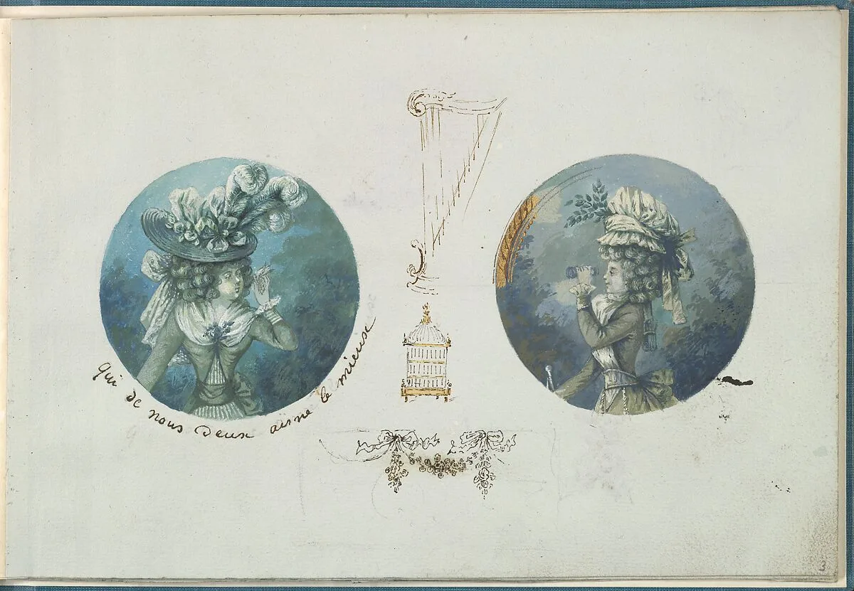 Two Costume Designs or Portrait Studies. Woman with a Bird and a Woman with Binoculars — Anonymous, French, 18th century|Antoine Caire-Morand|Anonymous, French, 19th century