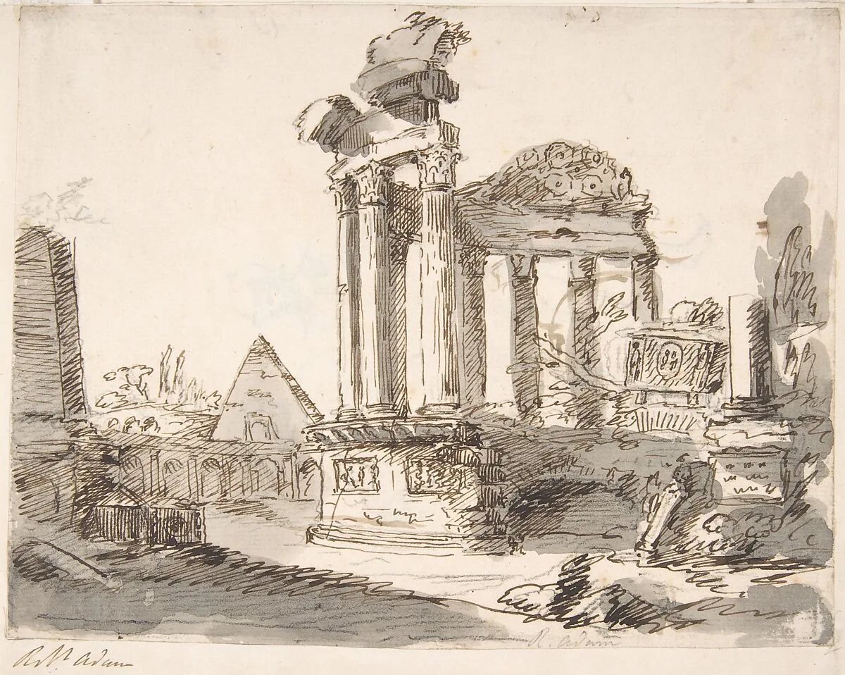 Classical Landscape with Ruins (recto); Two men in Roman military dress (verso) — Robert Adam