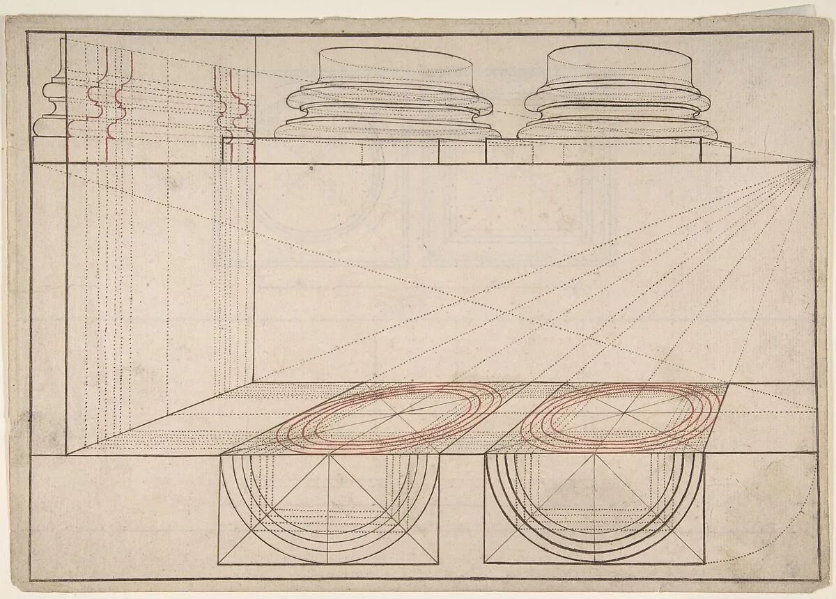 Architectural Perspective Study Showing Two Column Bases (Recto); Architectural Perspective Study Showing Column Capital and a Measurement Key (Verso) — Anonymous, Italian, 17th century