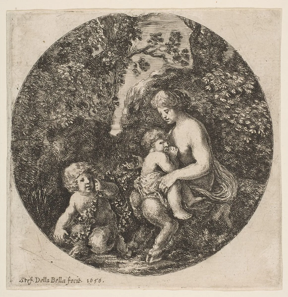 Satyr family, from 'Landscapes and seaports' (Paysages et ports de mer, dans des ronds) — Stefano della Bella
