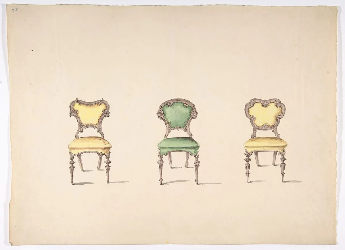 Design for Three Chairs Upholstered in Green and Yellow — Anonymous, British, 19th century