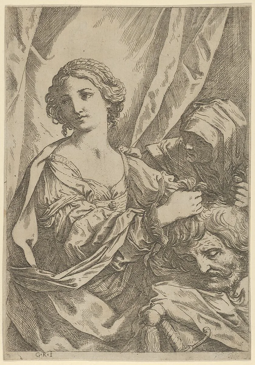 Judith grasping the head of Holofernes by the hair and looking to the left, an old woman at right — Guido Reni|Giovanni Andrea Sirani