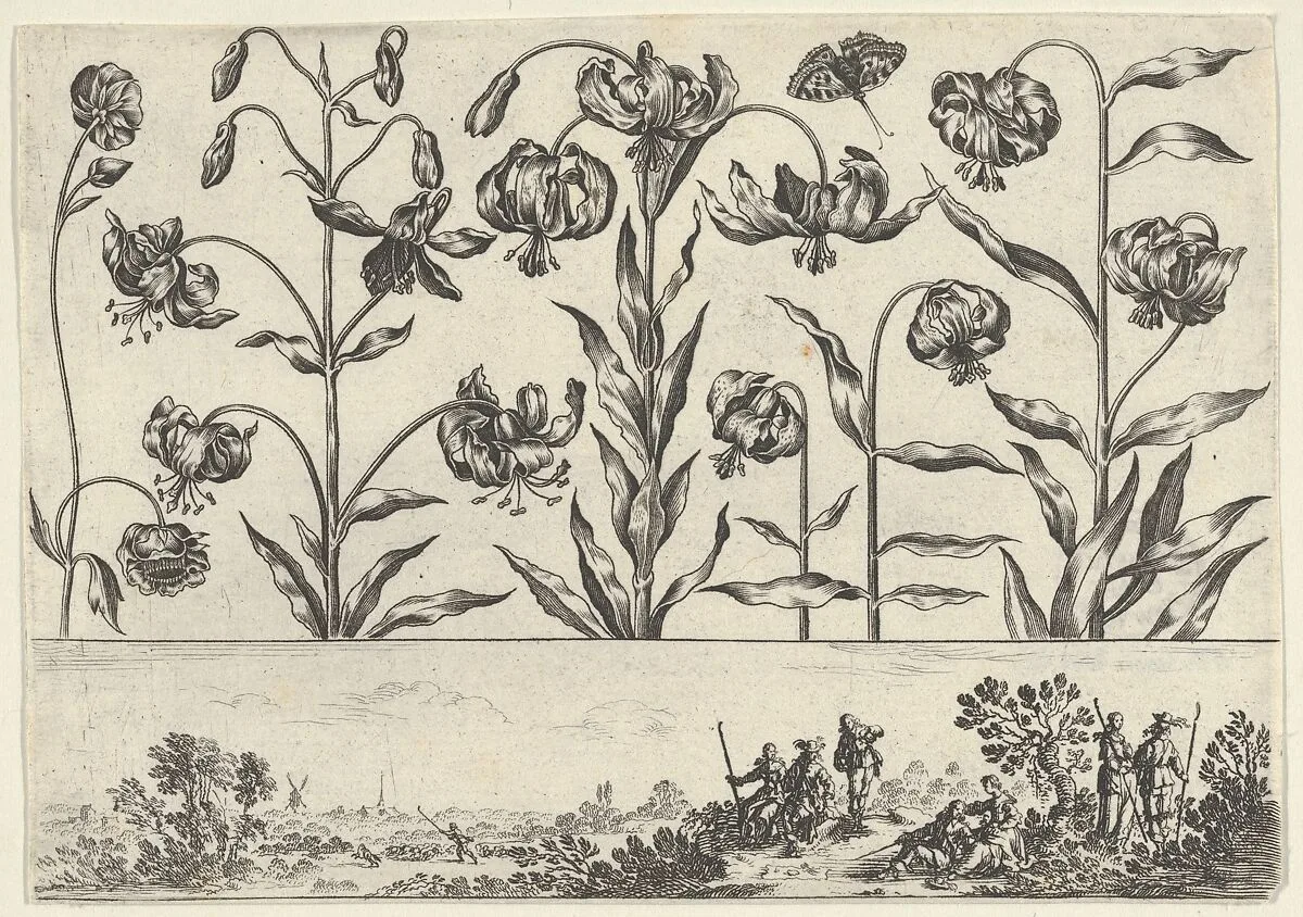 Horizontal Panel with a Row of Flowers Above a Frieze with Figures in a Landscape, from Livre Nouveau de Fleurs Tres-Util — Nicolas Cochin|Balthazar Moncornet