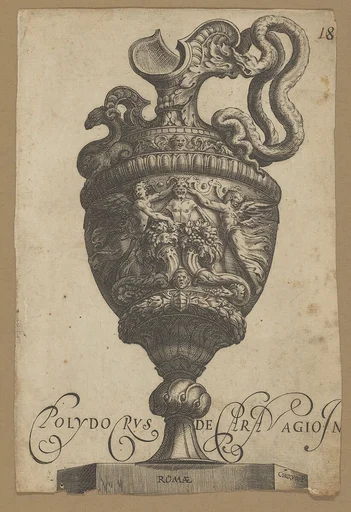Vase with a monster at center, two cornucopias, and two flanking winged female figures