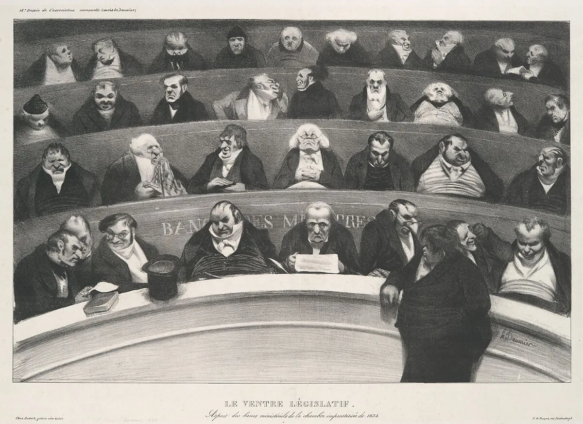 Le ventre législatif: Aspect des bancs ministériels de la chambre improstituée de 1834 — Honoré Daumier|Association Mensuelle