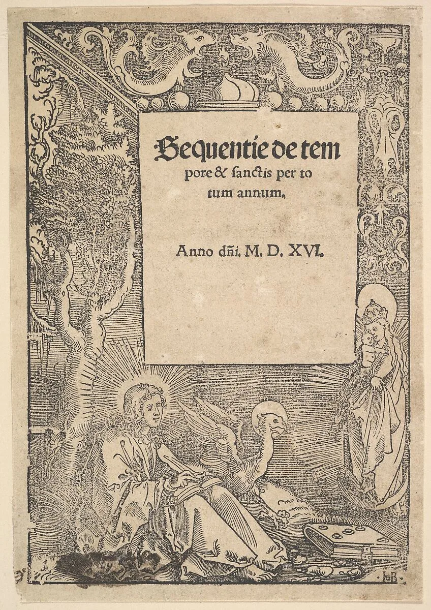 Saint John the Evangelist on Patmos, title page from Hymni de tempore et de sanctis — Johann Knobloch the Elder|Hans Baldung (called Hans Baldung Grien)