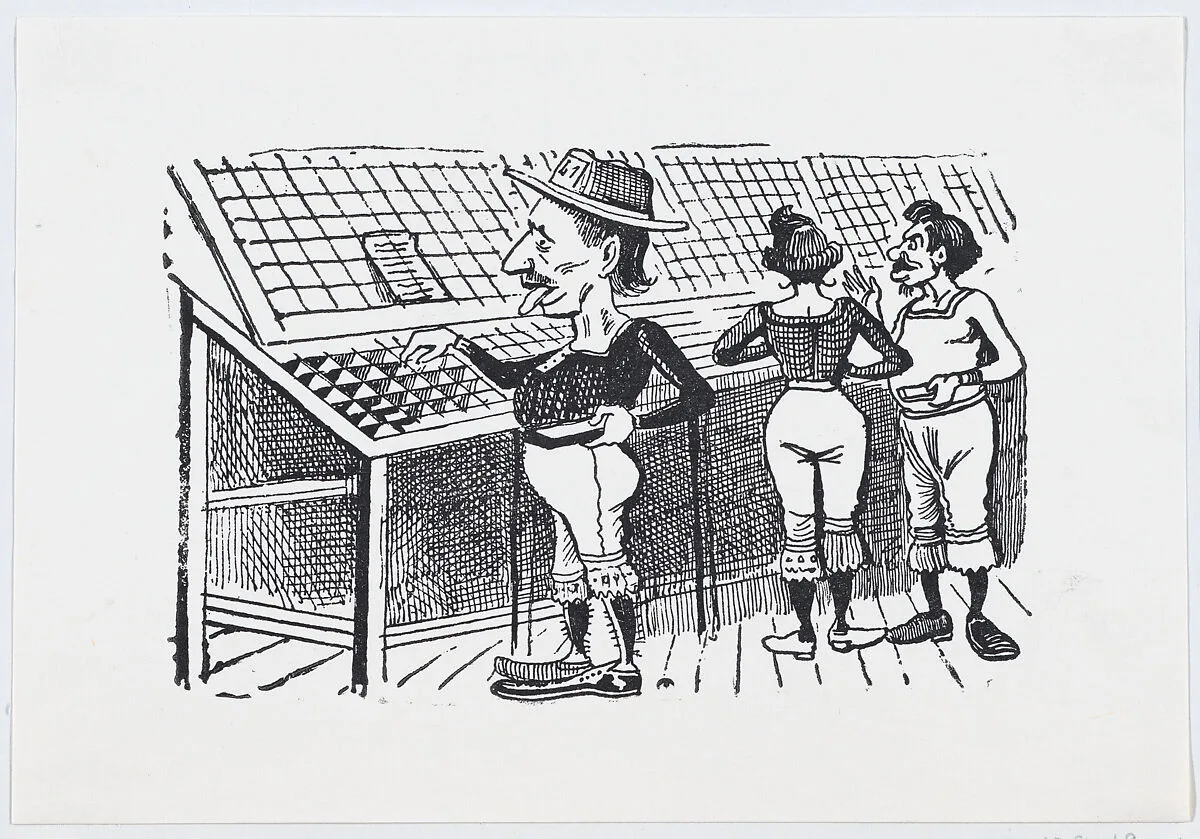 A man wearing bloomers and a hat looking through merchandise — José Guadalupe Posada|José Sanchez