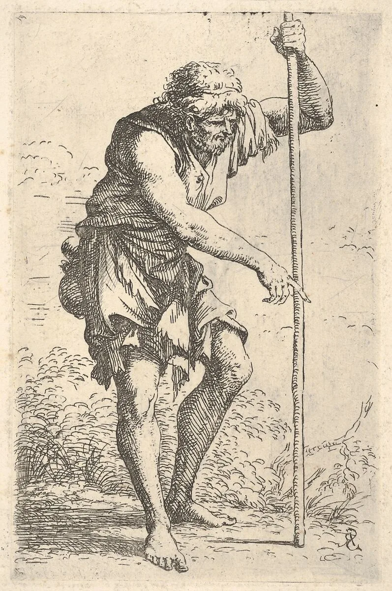 An old, ragged man with a gourd on his hip walking with a staff, from the series 'Figurine' — Salvator Rosa