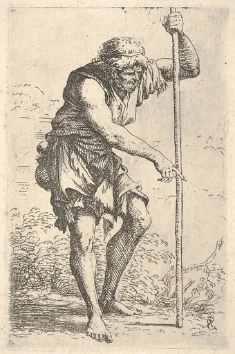 An old, ragged man with a gourd on his hip walking with a staff, from the series 'Figurine'