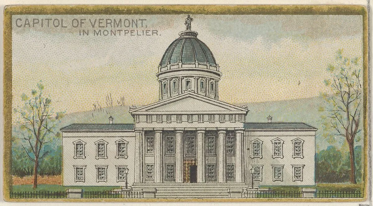 Capitol of Vermont in Montpelier, from the General Government and State Capitol Buildings series (N14) for Allen & Ginter Cigarettes Brands — Allen & Ginter|The Gast Lithograph & Engraving Company