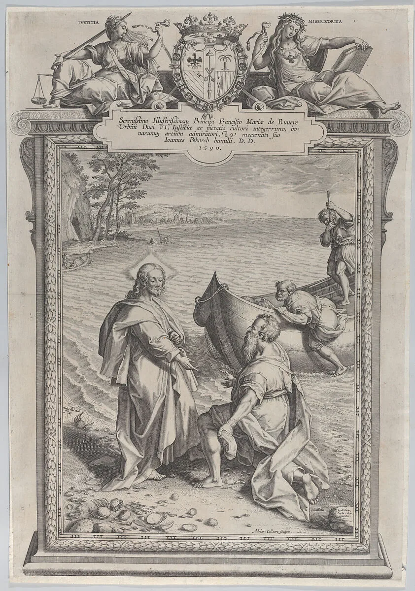 Christ calling Saint Andrew, who kneels before him on a beach, and Saint Peter, who climbs out of a boat at right — Federico Barocci|Adriaen Collaert