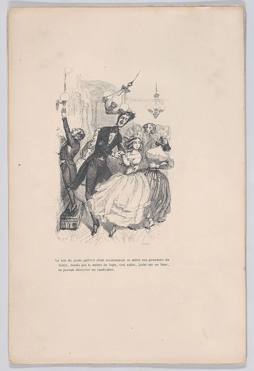 "The head of the young fellow insolently mingled with the candlesticks of the chandelier." from the Little Miseries of Human Life — Paul-Emile-Daurand Forgues|Brugnot|Henri Fournier|J. J. Grandville
