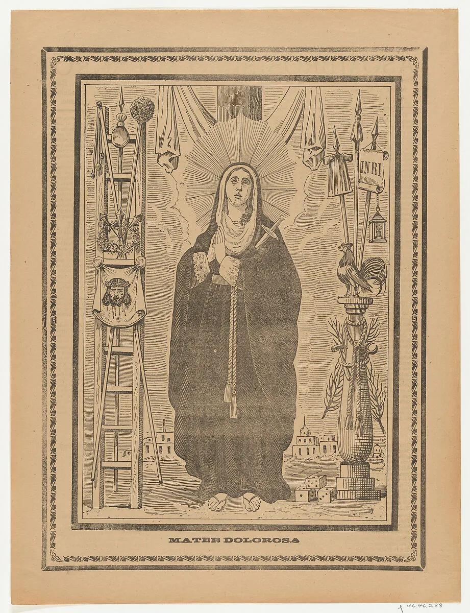 Broadsheet with the Virgin of Sorrows, flanked by instruments on the Passion — Anonymous|Antonio Vanegas Arroyo