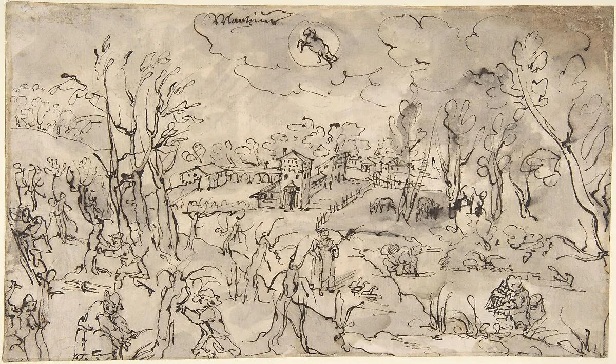 Landscape with Figures Trimming Trees, an Allegory of the Month of March; Verso: Mountainous Landscape with Two Men Crossing a Bridge — Lodewijk Toeput (called Pozzoserrato)|Anonymous
