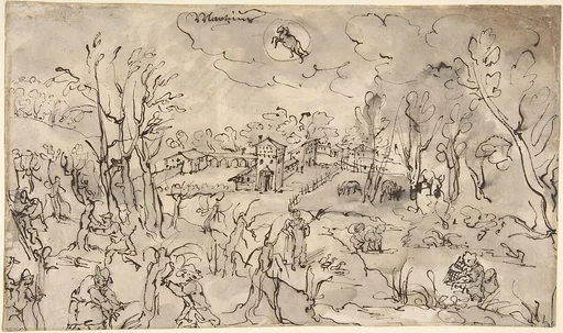 Landscape with Figures Trimming Trees, an Allegory of the Month of March; Verso: Mountainous Landscape with Two Men Crossing a Bridge