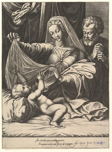 Madonna of Loreto, the Virgin lifts a veil above the Child, who lies on a bed and pillow, Joseph stands behind with both hands on his staff