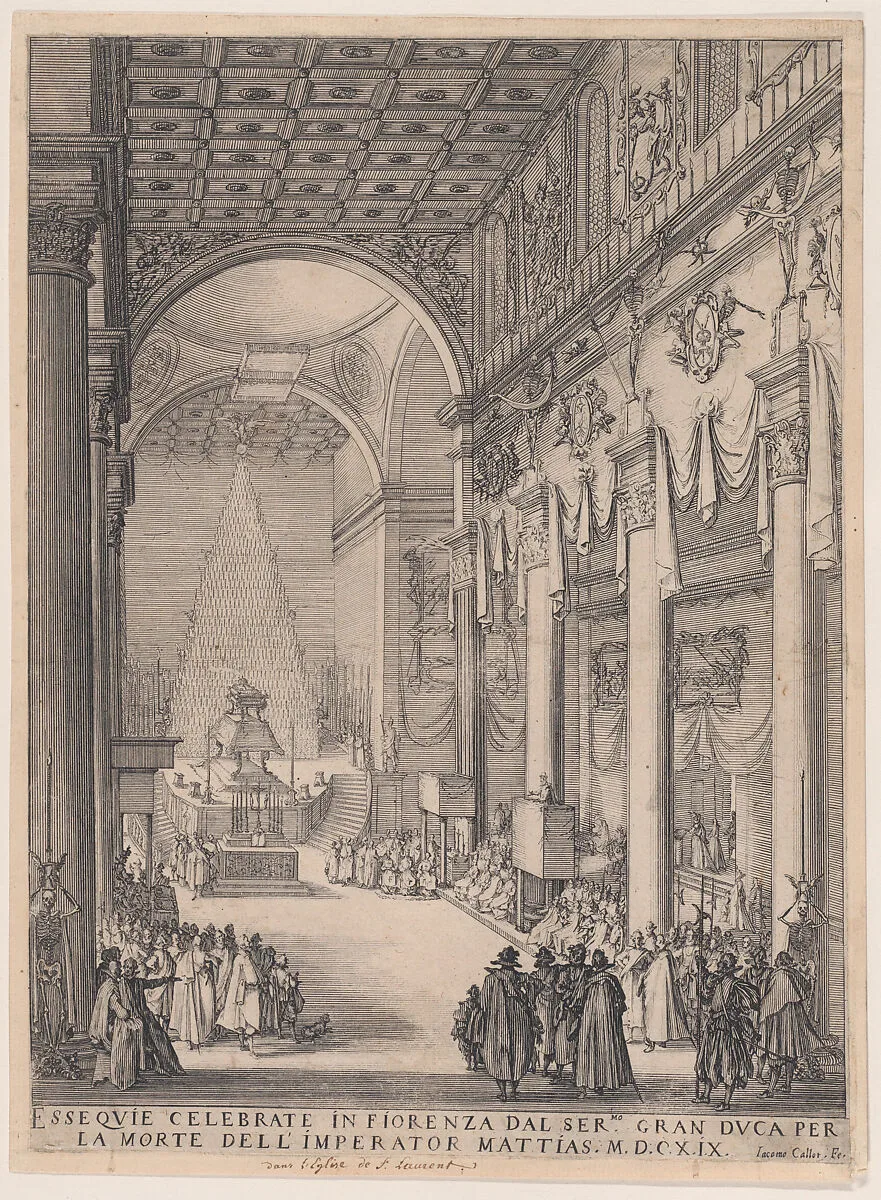 Le Catafalque de l'Empereur Mathais pièce appelée aussi Le Petit Prédicateur, La Chapelle Funèbre de Florence et Requiem de L'Empereur Mathais (The Catafalque of the Emperor Matthais, piece also called The Small Preacher, The Funerary Chapel of Florence, The Requiem of the Emperor Matthais) — Jacques Callot
