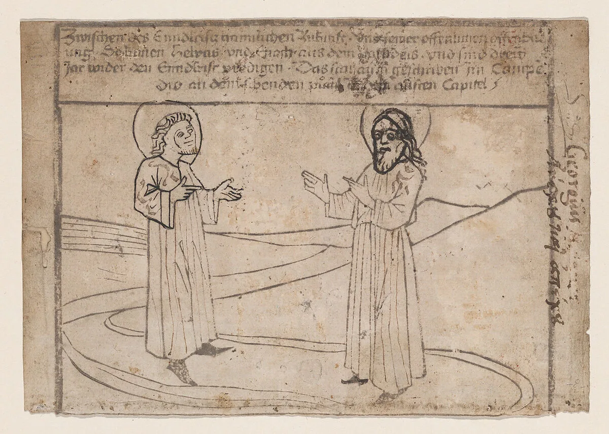 Elias and Enoch Descend from Heaven, from a Quindecim signa extremi judicii diem praecedentia (Antichrist and the Fifteen Signs) blockbook, 1st edition — Anonymous, German, 15th century