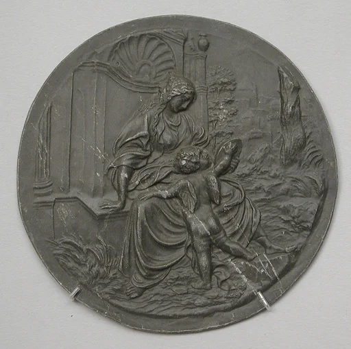 Prudence seated with an amorino and a mirror