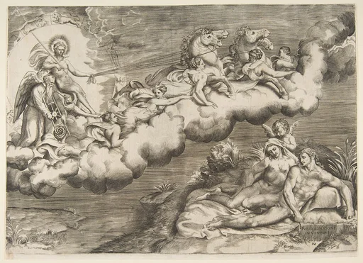 An allegory of the rising sun, a naked man wearing a shroud and accompanied Father Time is being drawn by horses