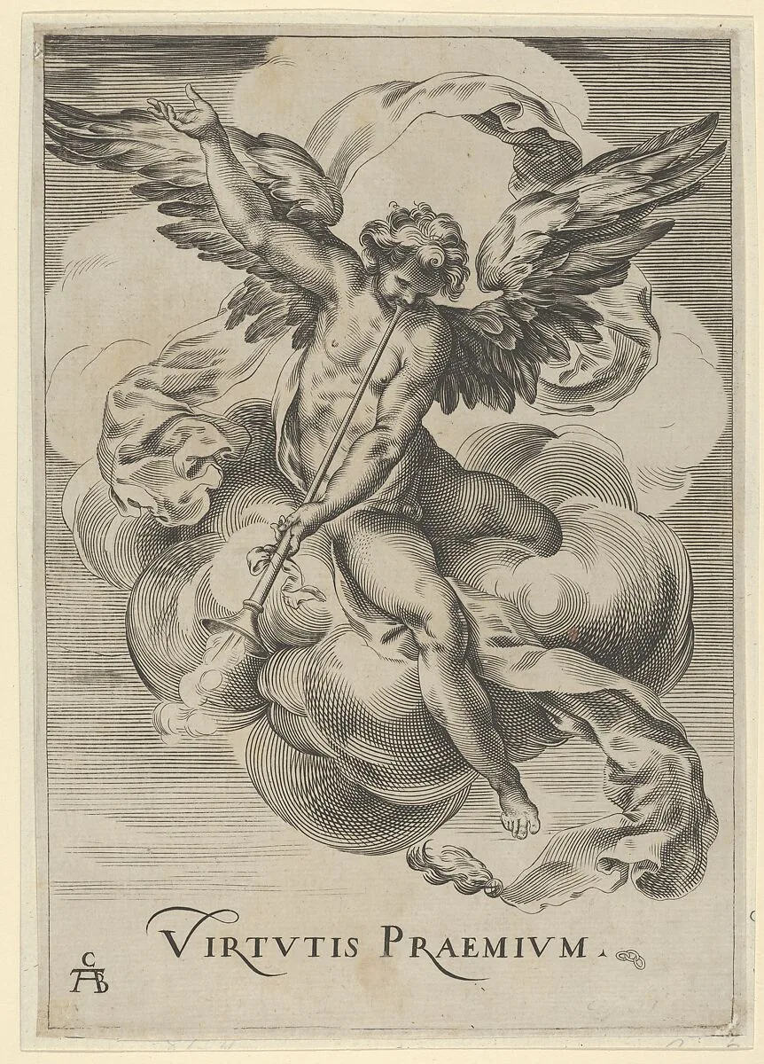 Winged genius seated on a cloud, sounding a trumpet with his left hand extended upwards — Cherubino Alberti (Zaccaria Mattia)|Polidoro da Caravaggio