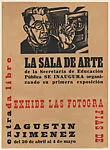 Poster advertising an exhibition (20 April–4 May) of photographs by Mexican photographer Agustín Jiménez, woodcut image of the artist next to his camera — Gabriel Fernández Ledesma