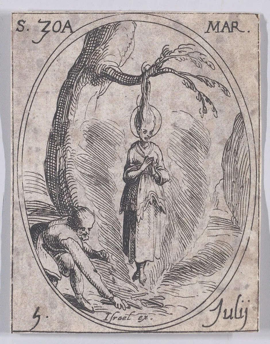 Ste. Zoé, martyre (St. Zoe, Martyr), July 5th, from "Les Images De Tous Les Saincts et Saintes de L'Année" (Images of All of the Saints and Religious Events of the Year) — Israël Henriet|Jacques Callot