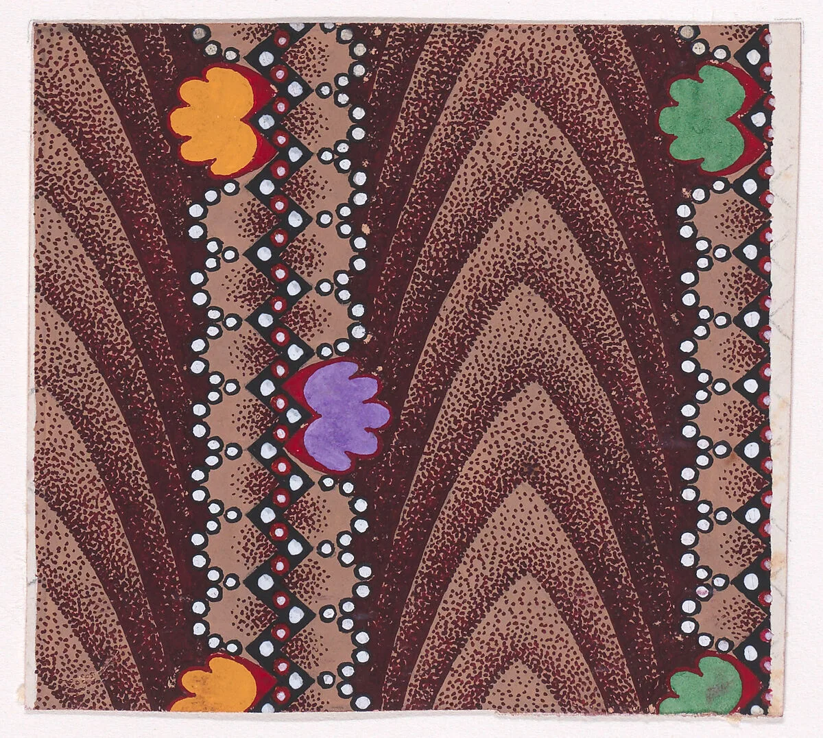 Textile Design with Vertical Ribbons Framed by Undulating Strips of Pearls and with a Zig-Zagging Strip of Pearls with Alternating Rosettes Separated by Vertical Strips of Overlapping Scales — Anonymous, Alsatian, 19th century