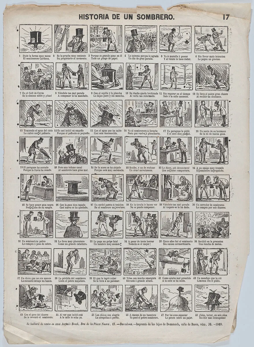 Broadside with 48 scenes telling the story of the sombrero — Antonio Bosch|Domenech