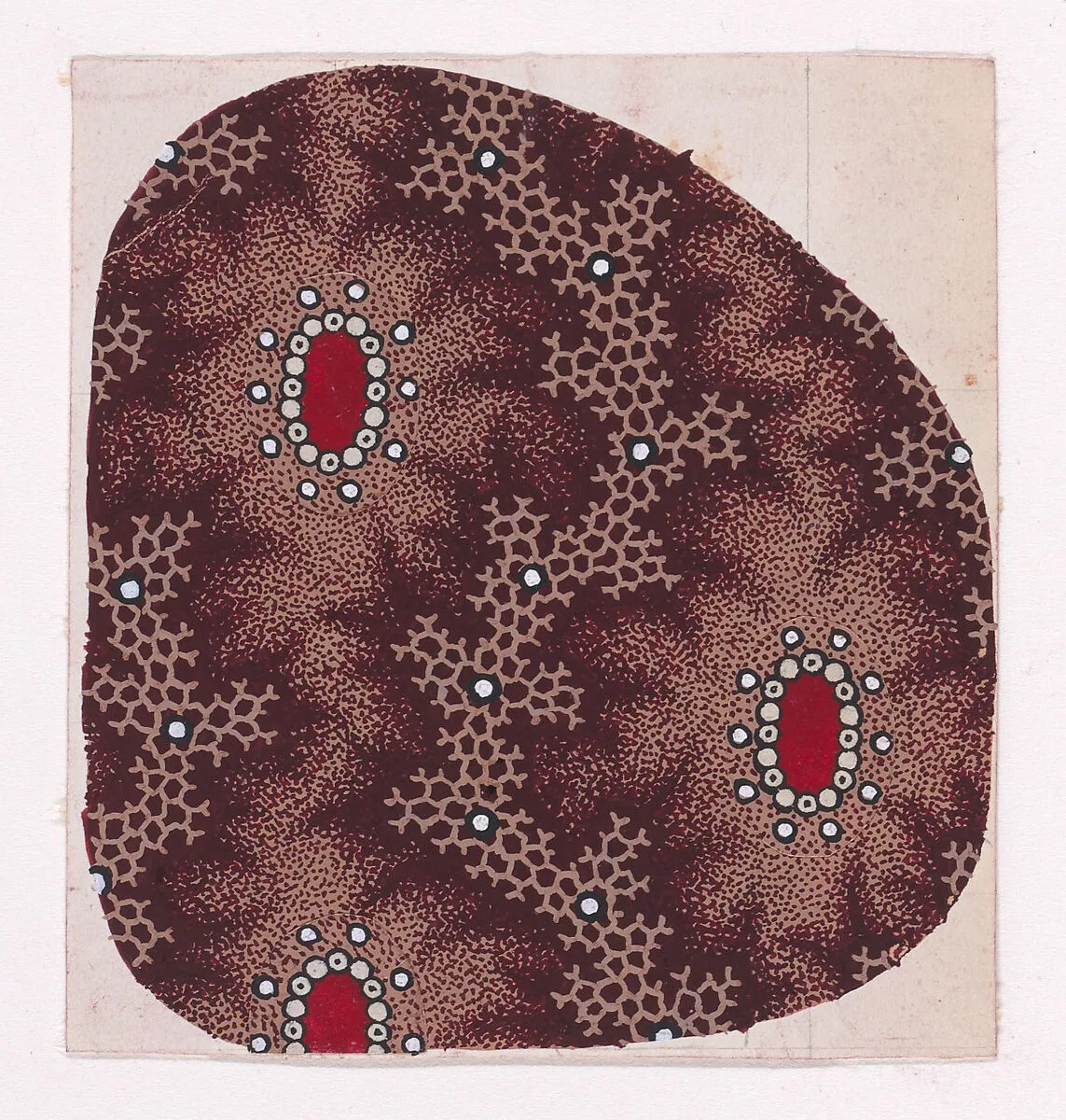 Textile Design with Alternating Vertical Rows of Ovals Bordered with Pearls and Vertical Garlands of Honeycomb Structures Flanked with Offsetting Branches and Decorated with Pearls over a Stippled Background — Anonymous, Alsatian, 19th century