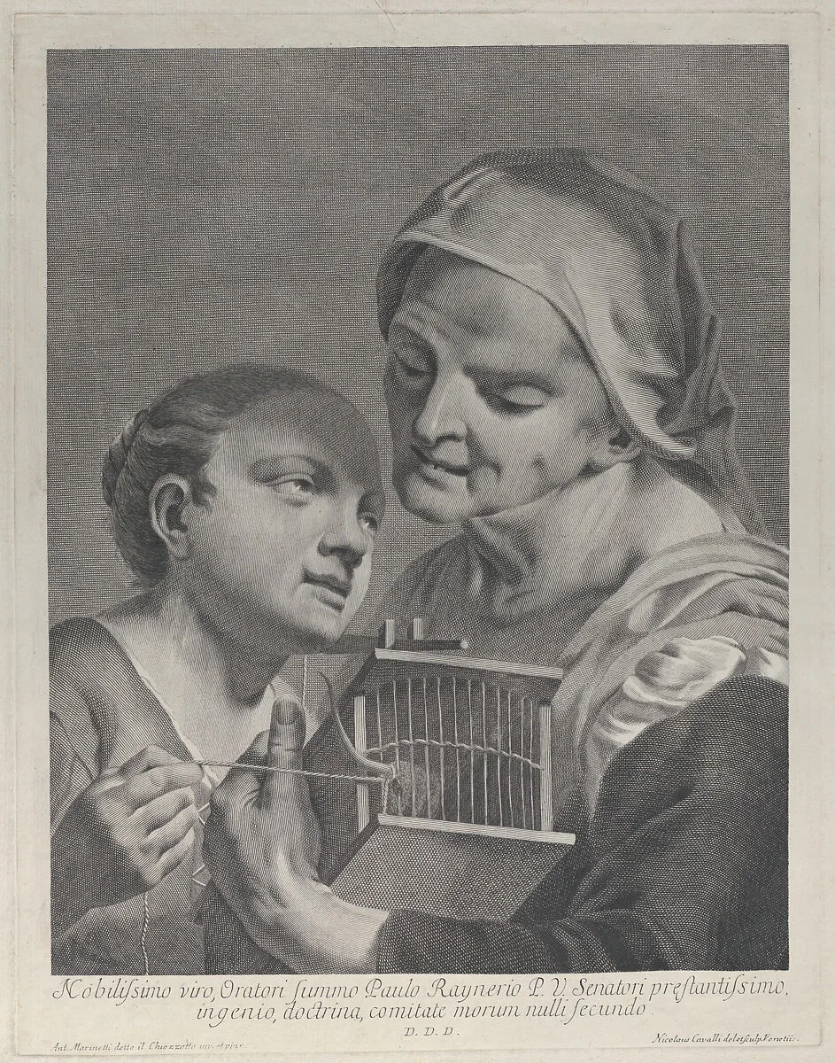 An old woman holding a mousetrap while a young girl holds a string attached to its tail — Antonio Marinetti|Niccolò Cavalli
