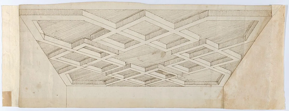Three Design for Ornament & Architecture: Perspectival Rendering of a Ceiling; Two Sheets of Rocaille Designs — Anonymous, Italian, 16th century|Anonymous, Italian, Venetian, 18th century