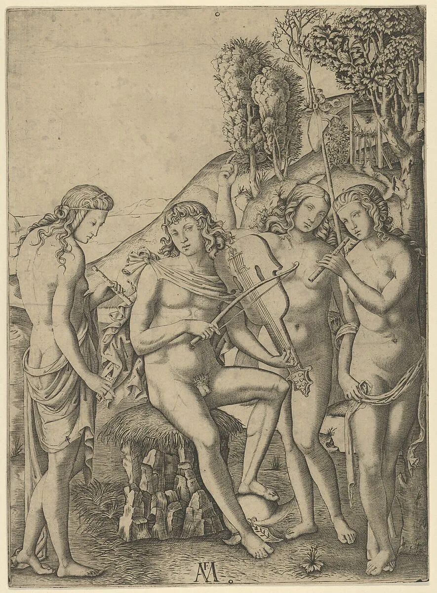 A young man, seated and playing the violin at centre, flanked by two woman holding flutes, another woman in the background — Marcantonio Raimondi