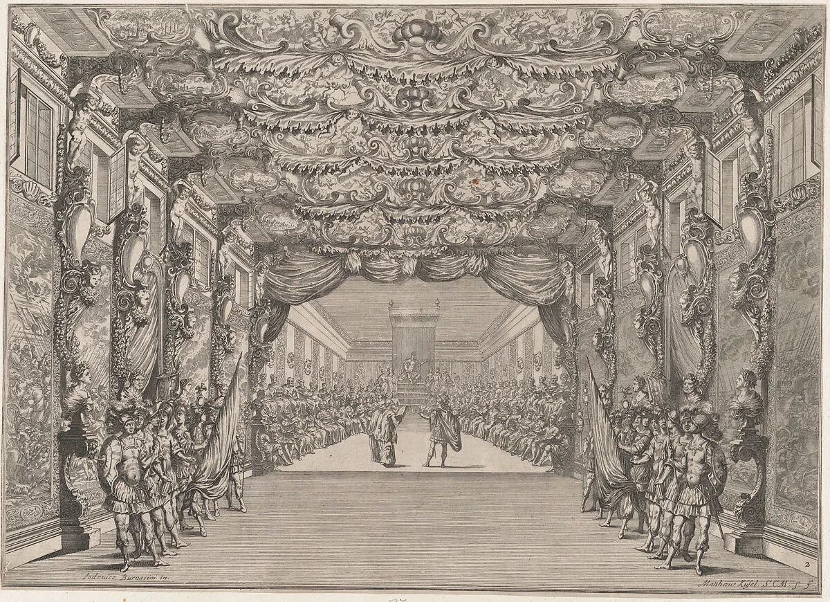 The Roman curia with guards in the anteroom; set design from 'Il Fuoco Eterno' — Ludovico Ottaviano Burnacini|Mathäus Küsel