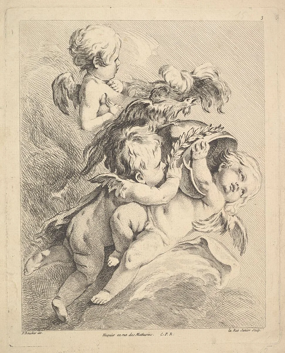 Three Cupids Holding a Helmet — Louis Félix de La Rue|François Boucher