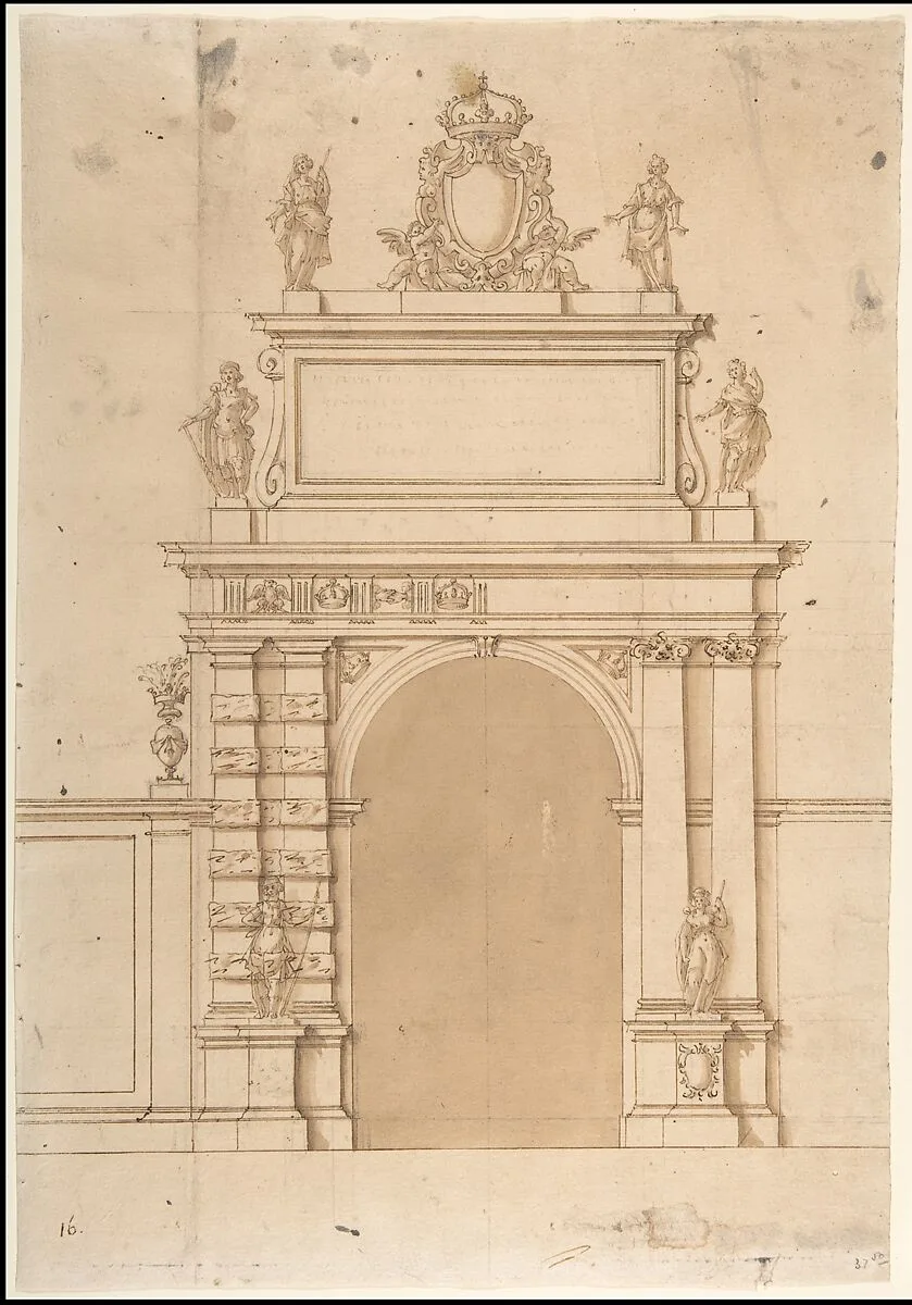 Design for the Triumphal Arch at the Porta Ticinese in Milan, with the Imperial Arms of the Hapsburg and Allegorical Figures — Francesco Maria Richini (or Ricchino)