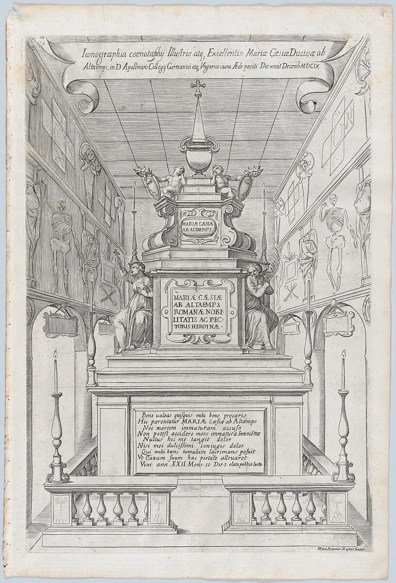 Catafalque for Duchess Maria Cesi of Altemps (Hohenems); from 'Libro De Catafalchi, Tabernacoli, con varij designi di Porte fenestre et altri ornamenti di Architettura' — Marcus Antonius Magnus|Giovanni Giacomo De Rossi