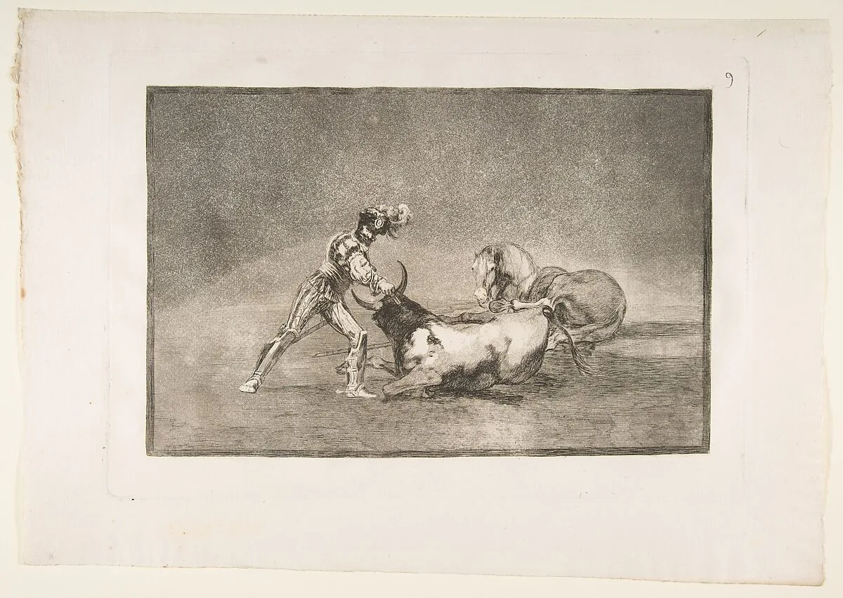 Plate 9 from "La Tauromaquia": A Spanish knight kills the bull after having lost his horse — Goya (Francisco de Goya y Lucientes)