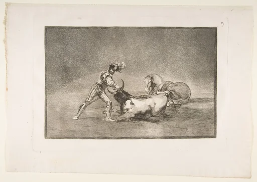 Plate 9 from "La Tauromaquia": A Spanish knight kills the bull after having lost his horse