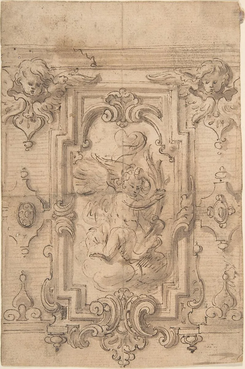 Wall Design with Flying Putto — Anonymous, Italian, 17th or 18th century