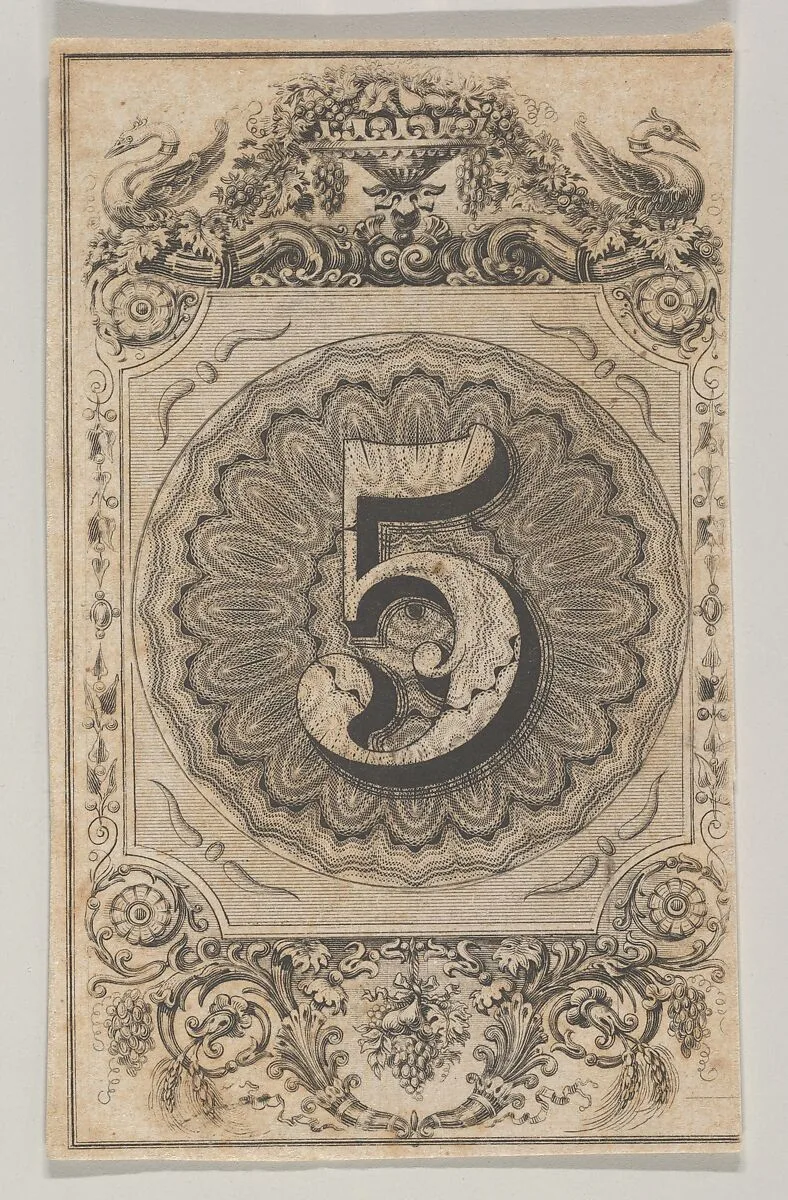 Banknote motif: the number 5 set against a scallop-edged circle of ornamental lathe work, within a rectangle with cut off corners, the top adorned with a vase and swans, the bottom with fruit and grain — A. B. & C. Durand & Company|Durand, Perkins, and Company|Cyrus Durand