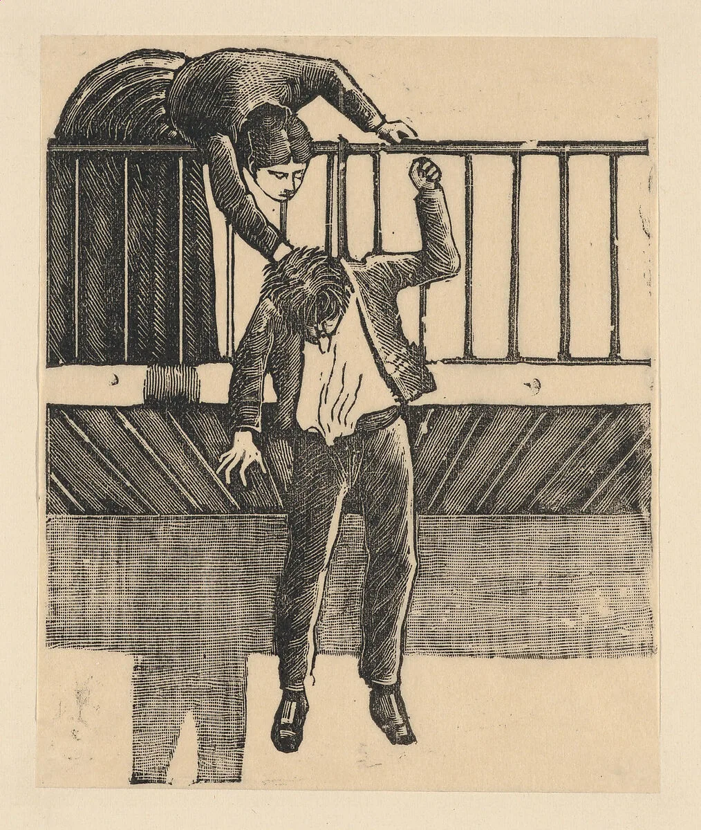 A woman discovering a man who has committed suicide by hanging himself from a balcony — José Guadalupe Posada