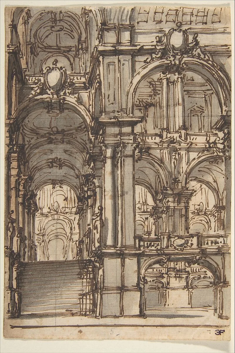 Design for a Stage Set: Stairway and Arcades Leading to a Salone — Giovanni Battista Natali III