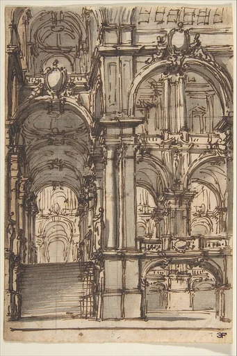 Design for a Stage Set: Stairway and Arcades Leading to a Salone