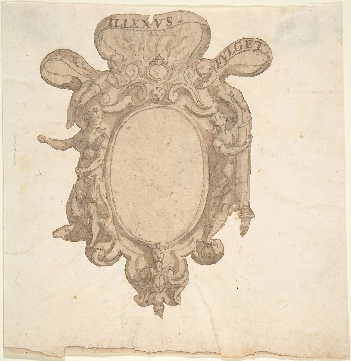 Design for a Coat of Arms Surmounted by a Ring with Allegorical Figures of Justice and Fortitude — Anonymous, Italian, 16th to 17th century